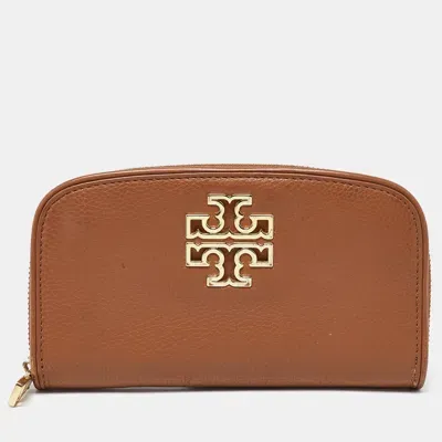 Pre-owned Tory Burch Brown Leather Britten Zip Around Wallet