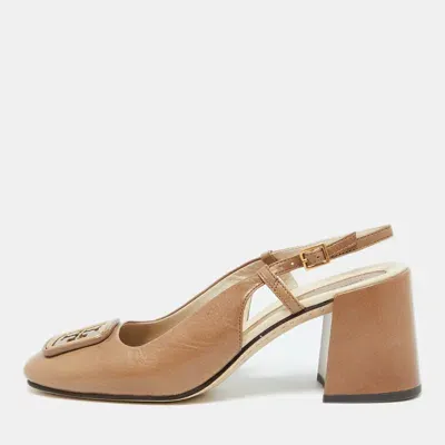 Pre-owned Tory Burch Brown Leather Georgia Slingback Pumps Size 38