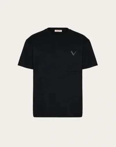 Valentino Cotton T-shirt With Metallic V Detail In Black