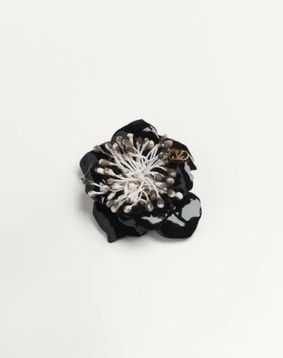 Valentino Garavani Garavani Fleur Lumineuse Brooch In Metal Enamel And Fabric In Black