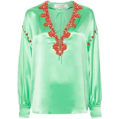 Valentino Bead-embroidered Silk Blouse In Green