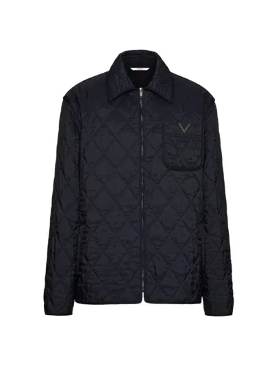 Valentino Quilted Nylon Shirt Jacket With Metallic V Detail In Navy