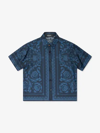 Versace Kids' Boys Navy Blue Silk Barocco Shirt In Blue+print