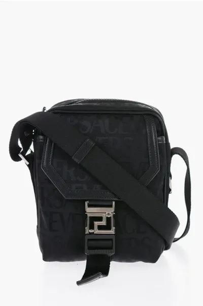 Versace Logoed Messenger Bag With Greca Buckle In Black