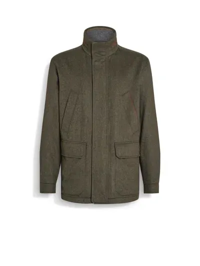 Zegna Oasi Cashmere Elements Car Coat In Army Green Multimélange