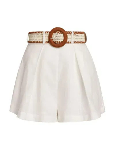 Zimmermann Halliday Belted Pleated Linen Shorts In Ivory