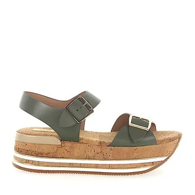 Hogan Platform Sandals H354 Calfskin Khaki In Green