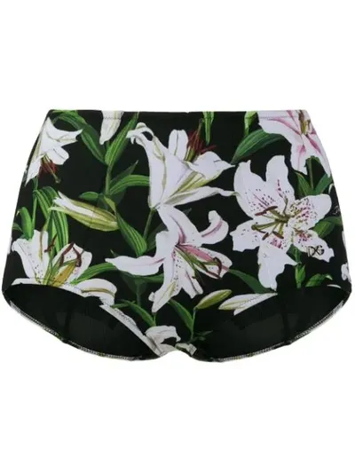 Dolce & Gabbana Lily-print High-waisted Bikini Bottoms In Black