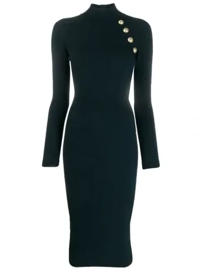 Balmain Roll-neck Geometric Knitted Midi Dress In Blue