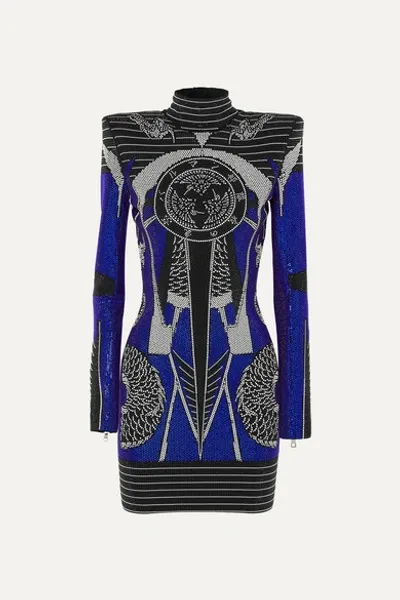 Balmain Crystal-embellished Square-shoulder Mini Dress In Blue