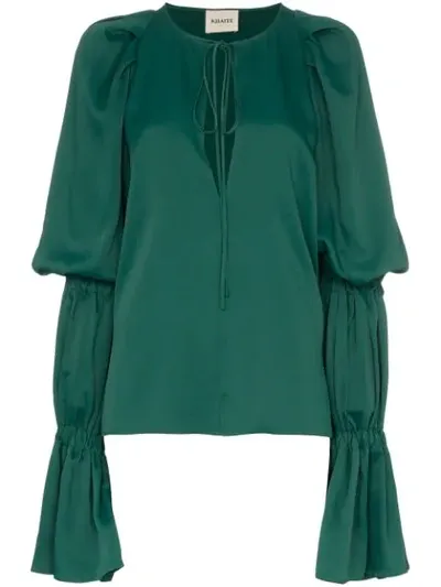 Khaite Cortez Shirred-sleeve Satin Blouse In Green