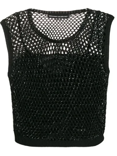 Ermanno Scervino Boxy Top In Black Perforated Knit With Rhinestones