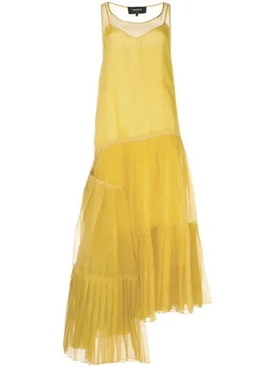 Rochas Asymmetric Hem Pleat Detail Silk Dress In Yellow