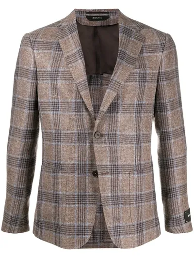 Z Zegna Checked Singe Breasted Linen Blend Suit Jacket In Neutrals