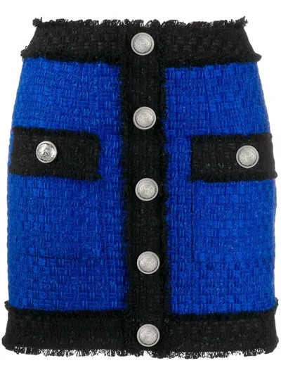 Balmain Contrast Trim Tweed Mini Skirt In Blue