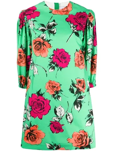 Msgm Gathered Floral-print Cotton-poplin Mini Dress In Green