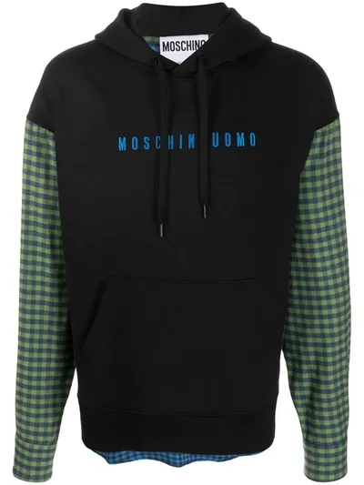 Moschino Checked Panels Drawstring Hoodie In Black