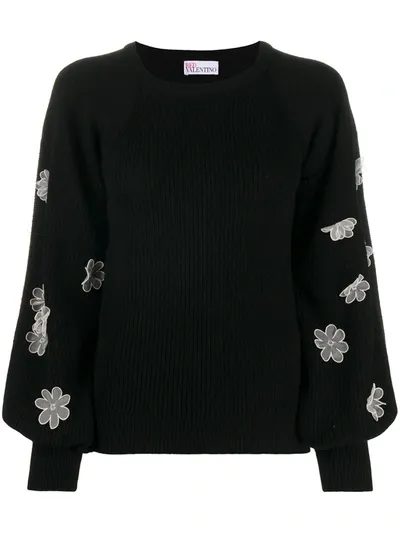 Red Valentino Floral-appliquée Crew-neck Jumper In Black