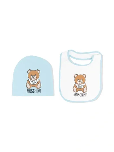 Moschino Babies' Teddy Bear Beanie And Bib Set In Blue