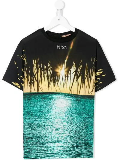 N°21 Kids' Beach Print Cotton T-shirt In Black