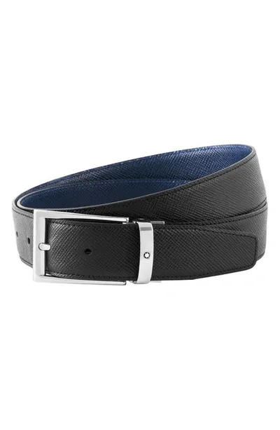 Montblanc Men's Shiny Palladium Coated Trapeze Reversible Leather Belt In Black