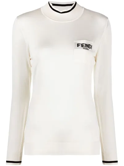 Fendi Logo-jacquard High-neck Silk Sweater In White