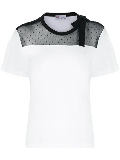 Red Valentino Jersey T-shirt W/ Point D'esprit Tulle & Bow Detail In White