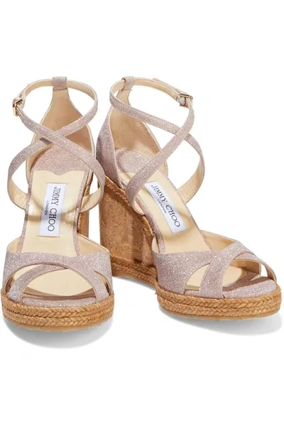 Jimmy Choo Alanah 105 Glittered Woven Espadrille Wedge Sandals In Baby Pink