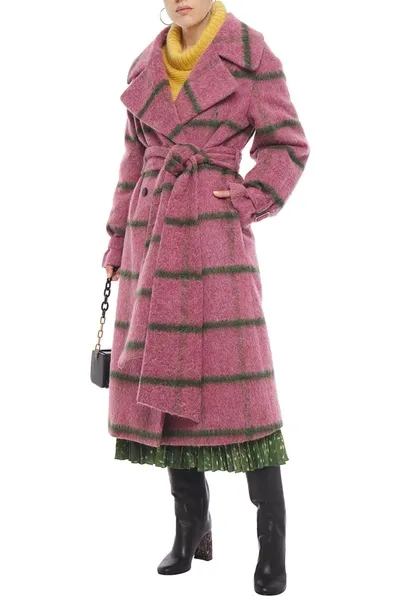 Stella Jean Belted Checked Brushed-felt Coat In Pink