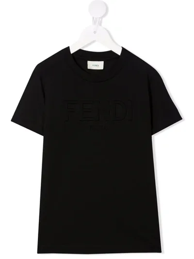 Fendi Kid's Logo Embroidered Cotton T-shirt In Black