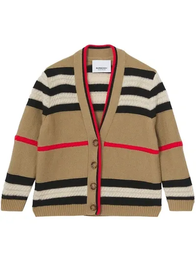 Burberry Babies' Cardigan Icon Stripe Mini Leeta In Maglia Di Lana E Cashmere In Beige