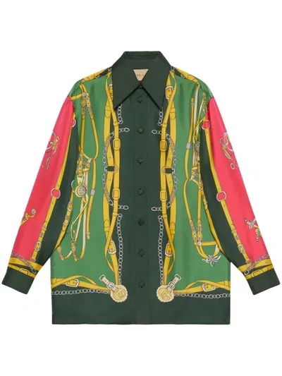 Gucci Harness And Double G Silk Shirt In Multicolor