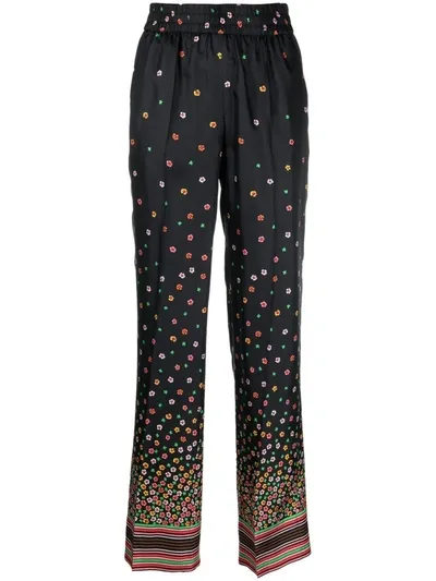 Red Valentino Floral Print Silk Trousers In Black