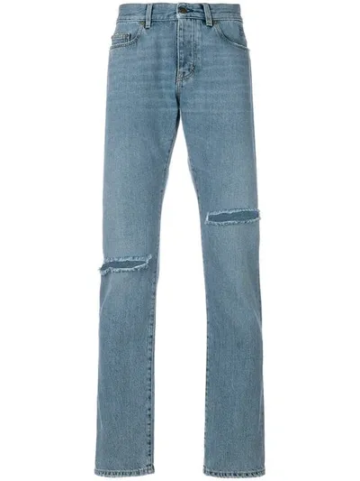 Saint Laurent Slim Embroidered Logo Jeans In Blue