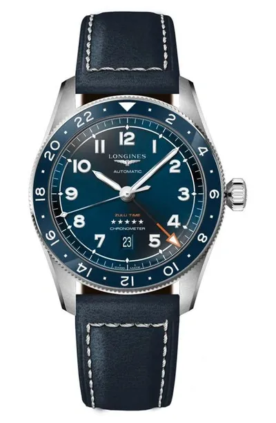 Longines Men's Swiss Automatic Spirit Zulu Time Blue Leather Strap Watch 42mm