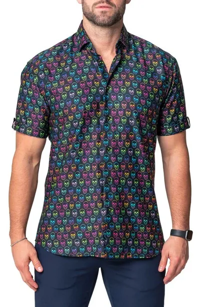 Maceoo Galileo Skull Regular Fit Short Sleeve Button-up Shirt In Black