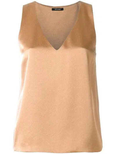 Styland V-neck Sleeveless Satin Shift Top In Brown