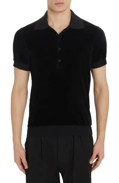 Tom Ford Modal Velour Ss Polo In Black