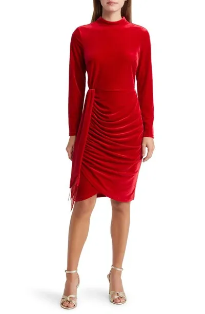 Tahari Asl Beaded Drape Long Sleeve Stretch Velvet Sheath Dress In Rouge