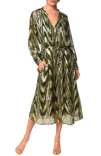 Ciebon Seneca Metallic Long Sleeve Midi Shirtdress In Green