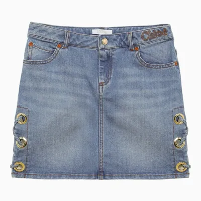 Chloé Kids' Logo-embroidered Bleached Denim Skirt In Blue