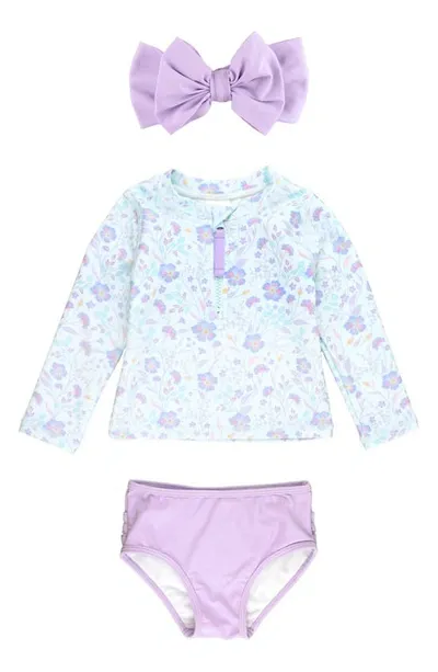 Rufflebutts Babies'  Fairytale Garden Long Sleeve Two-piece Swimsuit & Headband Set In Periwinkle