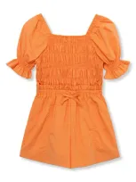 Habitual Kids' Girl's Smocked Cotton Paperbag Romper In Orange