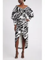 Nordstrom X Harlem's Fashion Row Megan Renee Off The Shoulder Long Sleeve Dress In Black- Ivory Encaust Abstract