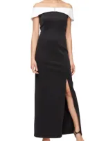 Sl Fashions Off The Shoulder Column Gown In Black Ivory