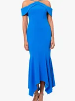 Xscape Evenings Cold Shoulder Handkerchief Hem Scuba Crepe Gown In Blue